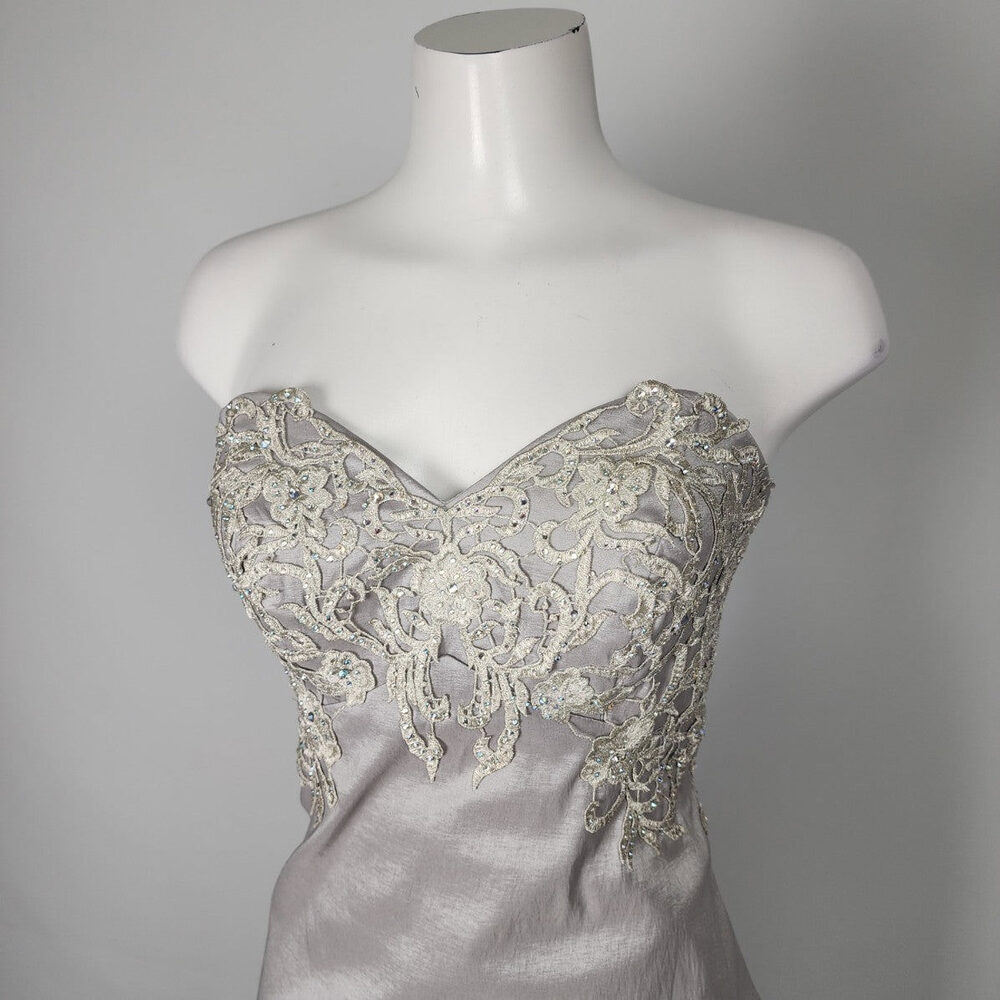 le chateau Silver Lace Strapless Maxi Dress